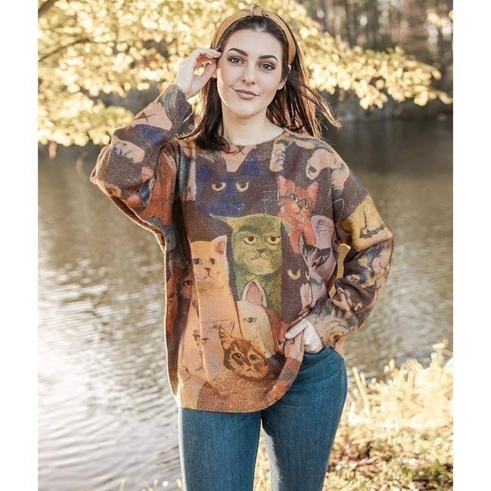 YESNO Whimsical Cat Print Knit Sweater Women All Over Kitten‎ Graphic Soft L